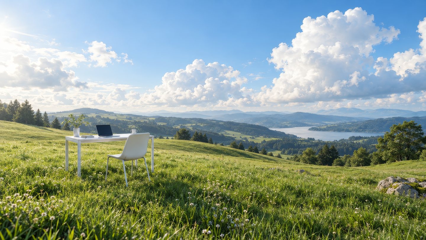 A white desk with a laptop on a green hillside under a bright, cloudy sky